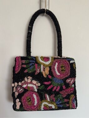 Beaded Floral Mini Top Handle Bag Black Pink Evening Purse
